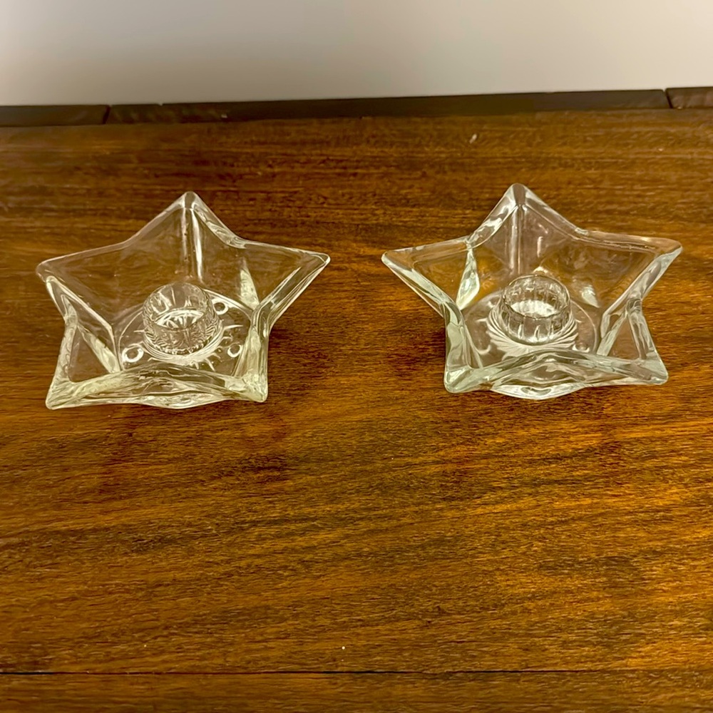 vintage cut glass star shaped candle holders pair